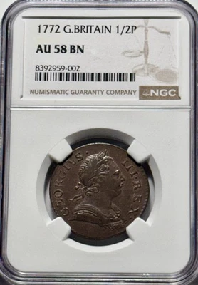 1772 Great Britain Half Penny NGC AU58 BN Hints of Red, Colonial Era Coin - Image 1 of 4