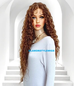 35" LACE FRONT FULL WIG LONG LAYERED CURLY MIDDLE PART CHOCOLATE BROWN MIX NW - Picture 1 of 6