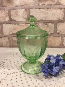Green Depression Glass Candy Jar Poinsettia Floral w Lid Jeanette 1930s! Glows! - Picture 1 of 11