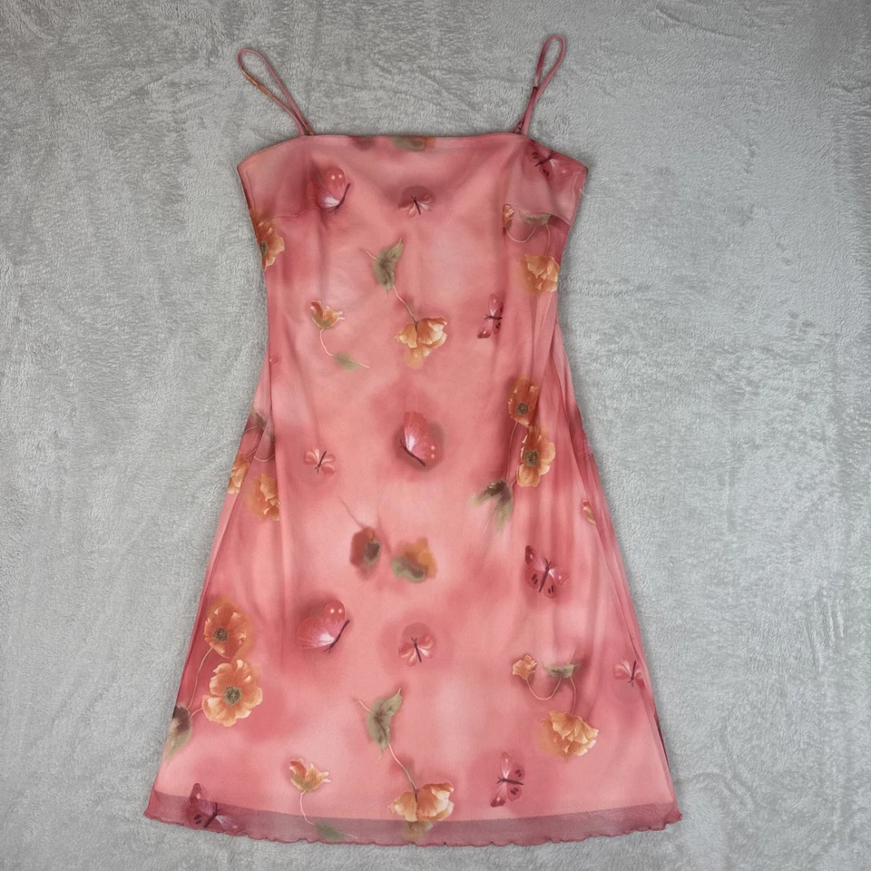 Vestido tocador vintage Y2K rosa transparente superpuesto floral caprichoso hada mariposa M usado en excelente estado Foto 1 de 4