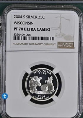 2004 S NGC PF70 UCAM PROOF - SILVER Wisconsin State Quarter  - Image 1 of 2