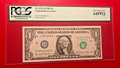 FR 1911 D 1981 $1 FEDERAL RESERVE NOTE PCGS CURRENCY VERY CHOICE NEW 64PPQ - Image 1 of 2