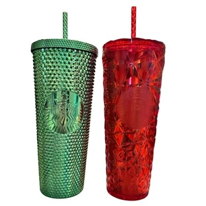 Starbucks Holiday Venti Cold Drink Cups Green Shiny Red Jeweled 24oz Lot of 2 - Picture 1 of 6