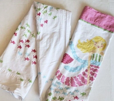 Pottery Barn Kids Mermaid Shower Curtain Cotton Pink Green Blue w Fish - Image 1 of 4