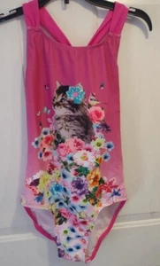 Girl's 14/16 one piece cat flowers racer back bathing suit pink swimsuit summer - Picture 1 of 2