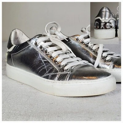 John Galliano Paris Metallic Leather Low-Top Sneakers Silver Italy Women's US 8 - Image 1 of 4