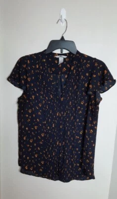 Blusa H&M para mujer con cuello en V plisada con botones talla 8 azul marino floral Cottage Academia Foto 1 de 4