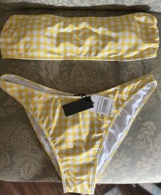 NWT Kendall & Kylie XL Yellow White Checkered Bathing Bikini Shorts 3 Piece Set - Image 1 of 4
