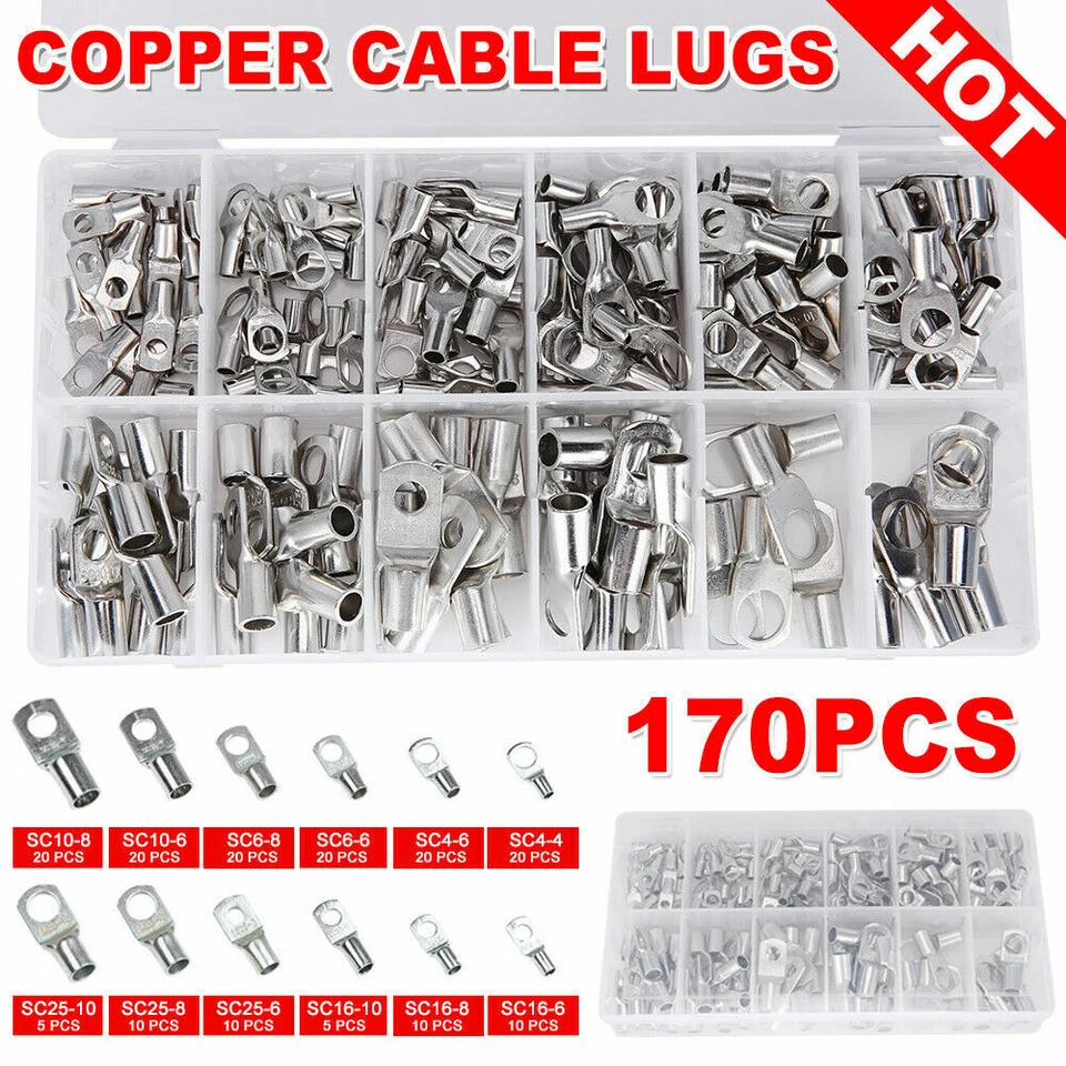170pcs Marine Battery Wire Cable Crimp Connector Copper Ring Lug Terminal Set - Image 1 of 4