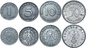 Nazi Third Reich German WW2 LOT of 4 Coins 1 5 10 50 Reichspfennig 1939-1944 SET - Picture 1 of 1