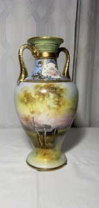 Antique Nippon Japan Hand Painted Porcelain vase 13 1/2 " with double handles - Picture 1 of 5