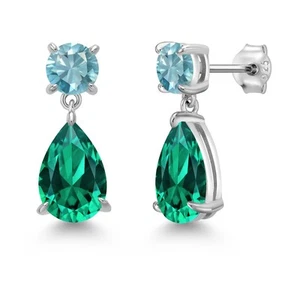 925 Sterling Silver Nano Emerald and Blue Zircon Teardrop Dangle Drop Earrings - Picture 1 of 4