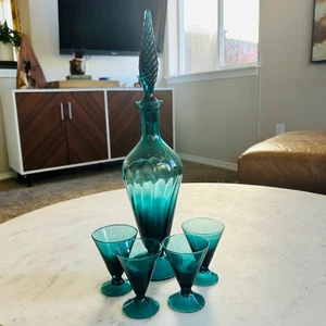 Empoli Italian Turquoise Art Glass Cocktail Decanter and Cordial Glass Set of 5 - Picture 1 of 10