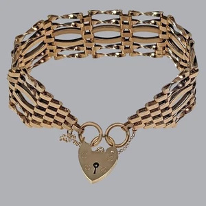 Pulsera de eslabones de puerta vintage oro 9 quilates Londres 1972 corazón candado elegante 6 bar 22 gm - Imagen 1 de 6