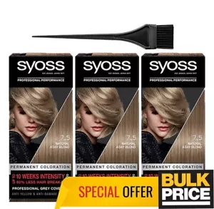 Syoss Professional 7-5 Natural Ashy Blonde Salon Quality Hair Color Bulk 3-Pack - Picture 1 of 6