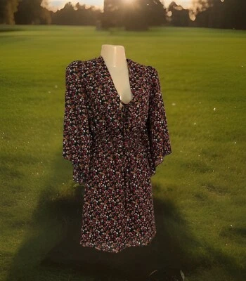 Flare Sleeve Dress Sz Medium Orange Black Ditsy Floral Lace Up V-Neck Low Back - Image 1 of 4