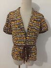 David Meister Silk Blouse Top-Layer Topper Brown Ivory Yellow Orange Floral Sz 4