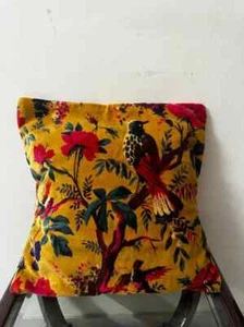 Velvet Pillow Cover Bird Print In Mustard color , Customize In Required Size - Picture 1 of 8