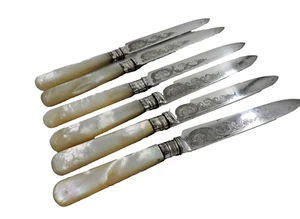 Antique Ses of 6 Dessert Knives with silver Ferrules M.O.P. Handles Shef 1904 - Picture 1 of 8