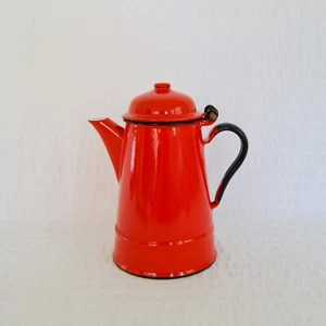 Vintage Red Enamel Coffee Pot Made in Poland, Camping Teapot Metal Rustic - Picture 1 of 10