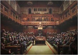 Banksy Monkeys In Parliament Graffiti Large Art Framed Canvas Picture 20x30"