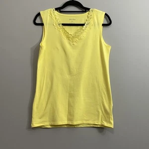 Tanktop weiß Hirsch gelb M Spitzenbesatz ärmellos leicht lässig - Bild 1 von 3