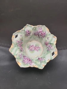 Antique Hand Painted Porcelain Bowl Violets Moriage Beaded Gold Scalloped Dish - Picture 1 of 6