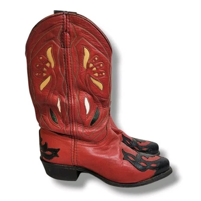 De Colección Acme Rojo Negro Cuero Botas de Vaquero Cortas Incrustación Floral Punta Cuadrada Punta 7M Foto 1 de 4