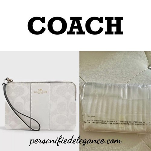 NUOVO Coach Signature Print Gesso Ghiacciaio Bianco Rivestito Tela Angolo Zip Polso