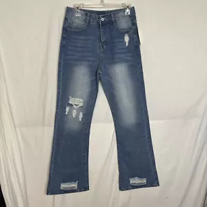 Pantalon Women's Medium Wash Distressed Flare Jeans Size M NWT - Picture 1 of 2