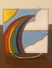 Vintage 1980’s Arius Terracotta Glazed Art 6” Tile Trivet Rainbow Scenery