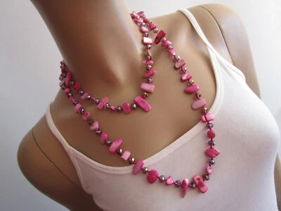 Damen Hals Kette Modekette Bettelkette lang Perlmutt Perlen Pink Endloskette - Bild 1 von 4