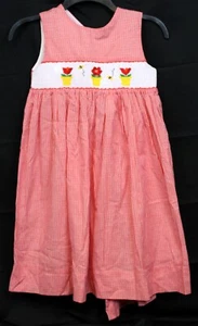Smocked Frocks Red Plaid Dress sz 8 Tulip Flowers Pots Bumblebee Embroidered Tie - Picture 1 of 7