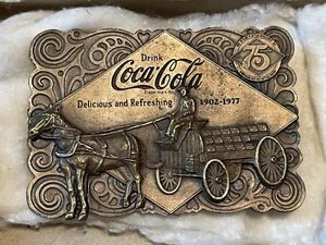 Vintage Coca-Cola Coke 75th Anniversary Brass 1976 Bergamot Belt Buckle - Picture 1 of 4
