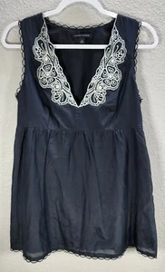 Banana Republic Dark Blue Floral Embroidered Sleeveless Top Shirt Relaxed Sz 6 - Picture 1 of 7