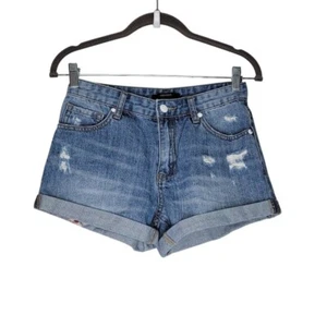 Forever 21 Womens Distressed Embroidered Denim Shorts Size S Blue Cotton Blend - Picture 1 of 10