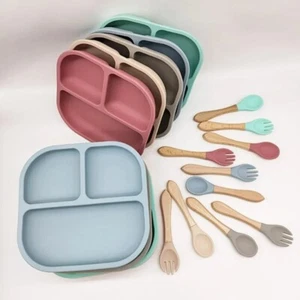 Silicone Baby Plate Set Divided Non-Slip Food Grade Kids Feeding Tableware - Picture 1 of 9