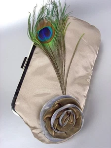 ARTISANAL Beige Satin Flower Bouquet Peacock Feather Clutch Evening Purse Bag - Picture 1 of 1