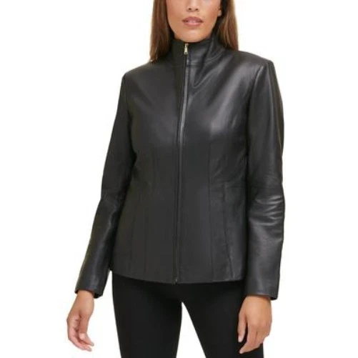 Chaqueta de cuero para mujer Cole Haan con cuello de ala - negra talla pequeña Foto 1 de 1
