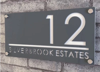 CUSTOM HOUSE SIGN NUMBER STREET SIGN GREY WHITE ACRYLIC ADDRESS DOOR WALL PLAQUE - image 1 of 3