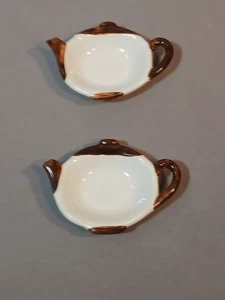 Set of 2 Vintage Tea Bag Holder Dish Teapot Brown Cream Porcelain China - Picture 1 of 8