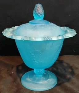Vintage Frosted Satin Blue Footed Candy Dish w/ Lid By Indiana Glass - Picture 1 of 5