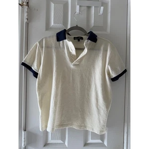 Merino.tech 100% Merino Wool Polo Shirt Small Cream Navy Trim Short Sleeve - Picture 1 of 5