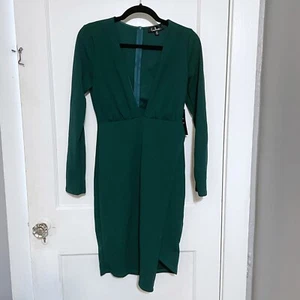 NWT Lulus Make It Hot Emerald Green Long Sleeve Bodycon Dress Medium Deep V-neck - Picture 1 of 6