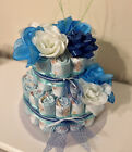 2 Tier Diaper Cake - Light Blue/White- Boy Baby Shower Centerpiece