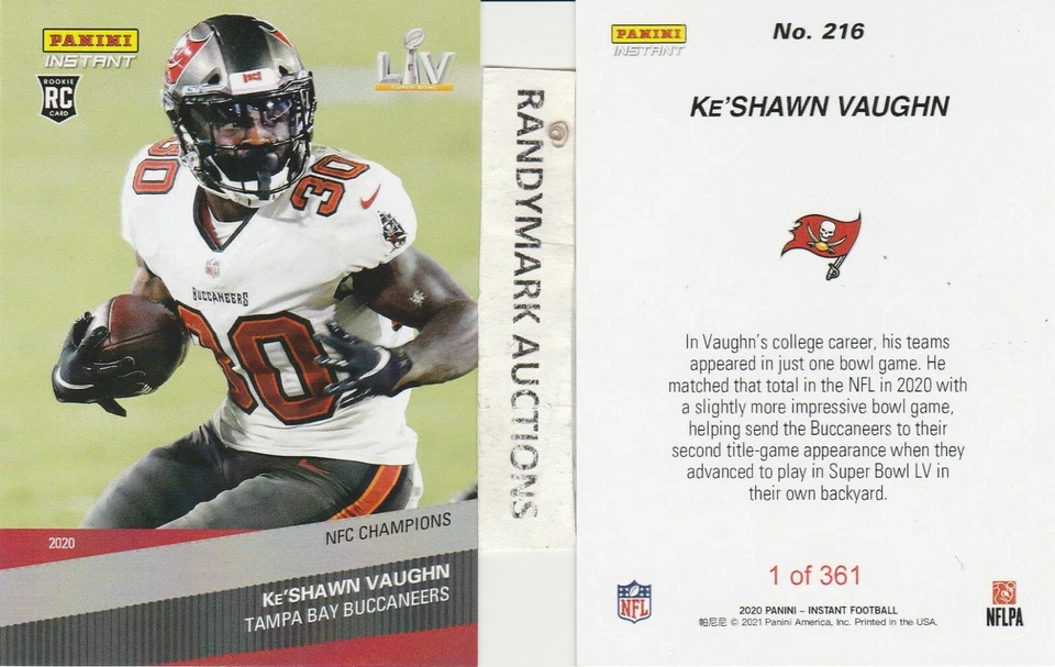 Ke'Shawn Vaughn BUCCANEERS 2020 PANINI INSTANT NFL CHAMPIONS SB LIV 216 x/361 RC - Image 1 of 1