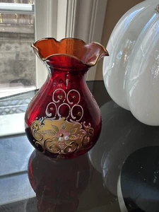 Vintage Ruby Red Gold Bohemian Glass Bud Vase Hand painted - Picture 1 of 8