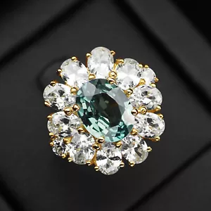 Vintage Green Oval Tourmaline 3 Ct 925 Sterling Silver 24k Gold Halo Ring 6 - Picture 1 of 5