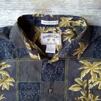 竹制 Cay 纽扣衬衫男式 XL 棉提基夏威夷度假村 90 年代爸爸热带 — 第 1/4 张图片
