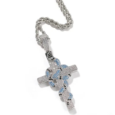 Frosted SNAKE CROSS Pendant Necklace Hip Hop Bling AAA Zircon Rapper Jewelry - Image 1 of 4